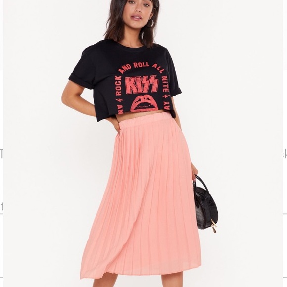 NASTYGAL Pleated High Waist Mid Skirt Peachy elegant m semi formal flare sz 8 - Picture 10 of 10